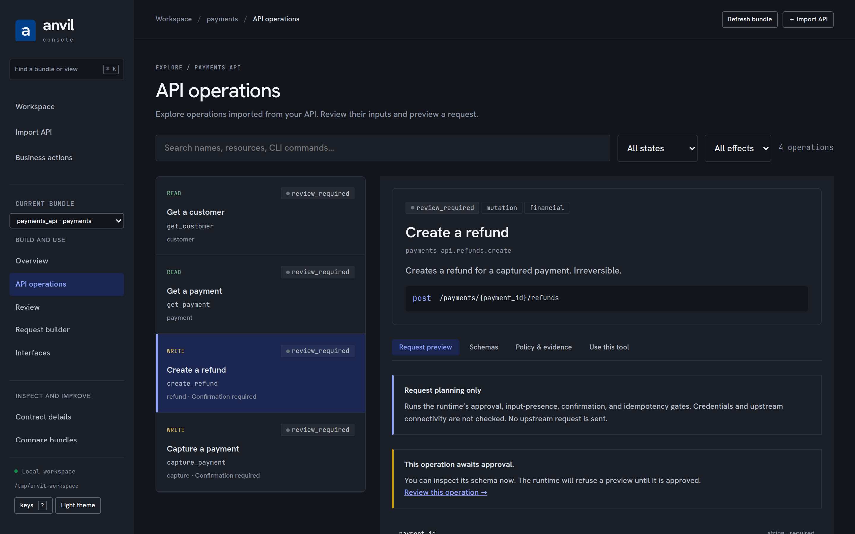 API operations: the refund selected, its method and path, and the request preview explaining that the runtime refuses a preview until the operation is approved