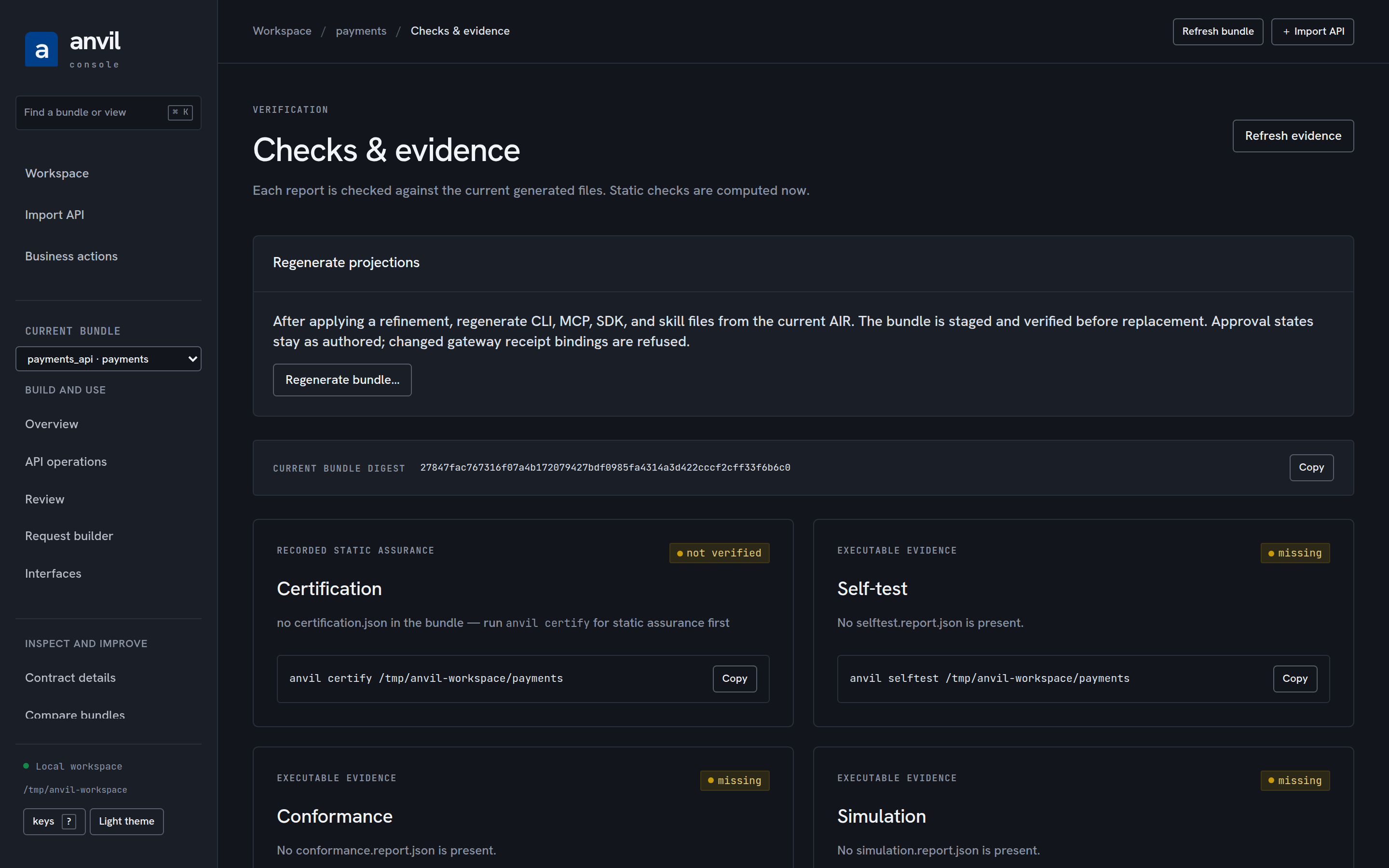 Checks and evidence: the bundle digest, the certification lane, and the self-test, conformance, and simulation lanes with the command that produces each missing report