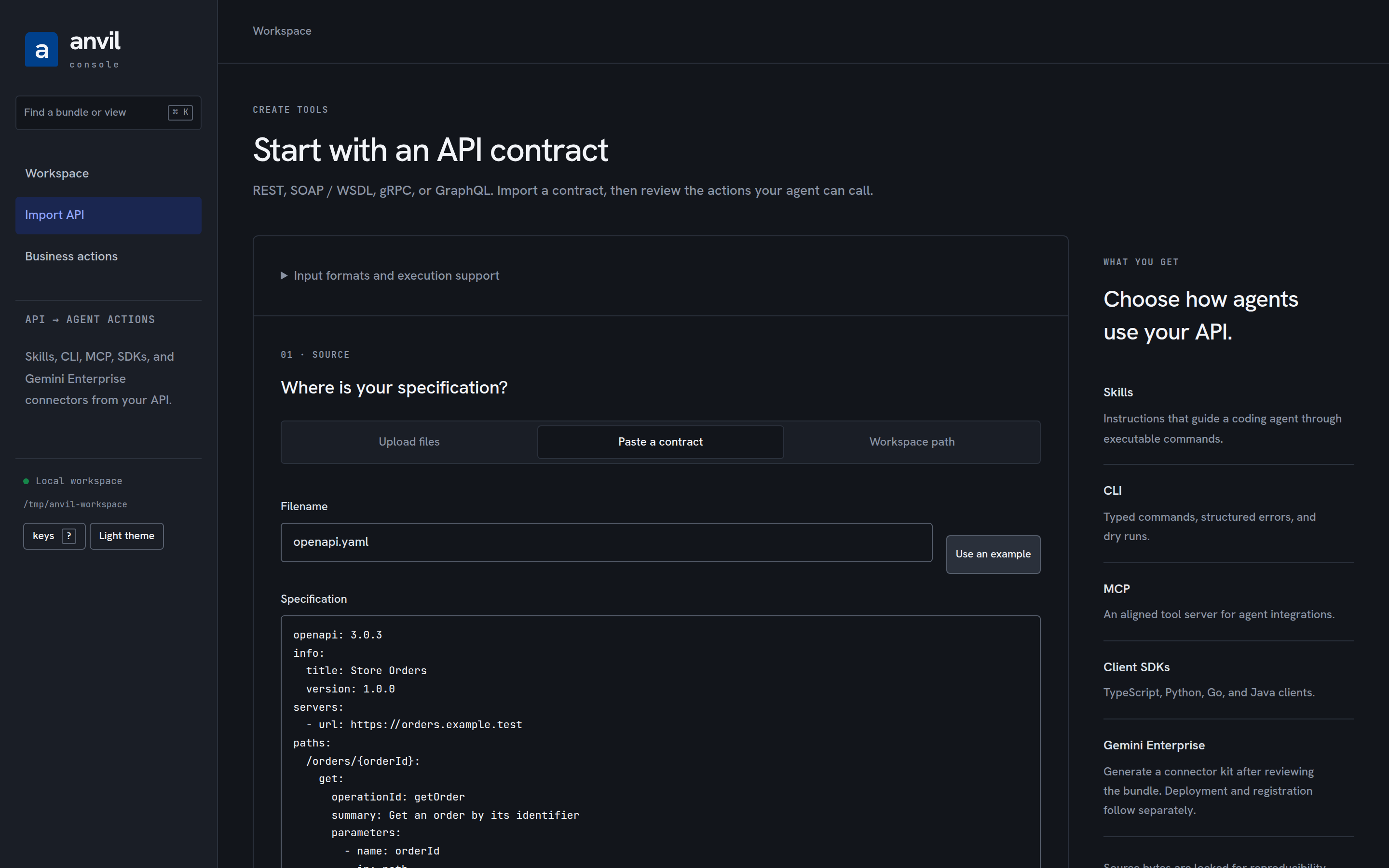 Import API: the paste-a-contract tab with the built-in orders example, beside a summary of what each interface gives you