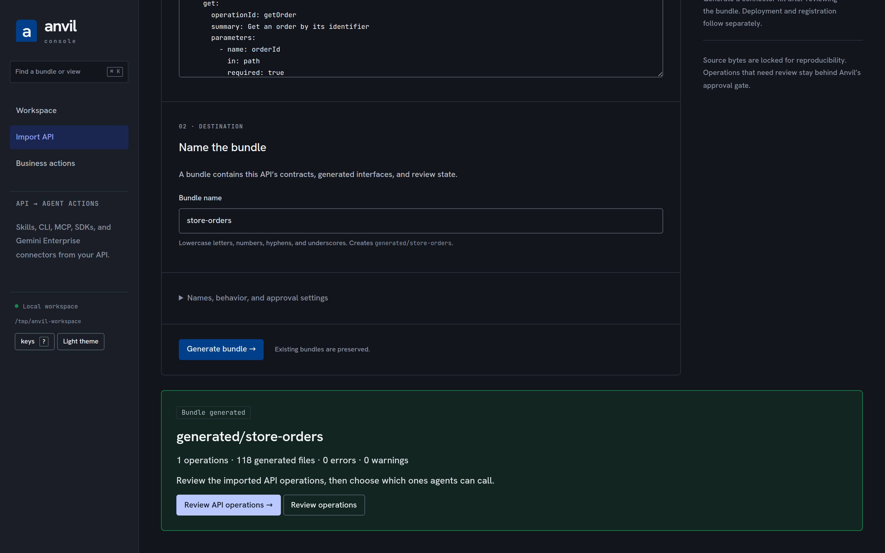 After generating: the bundle's name, operation and file counts, and the link into its review queue