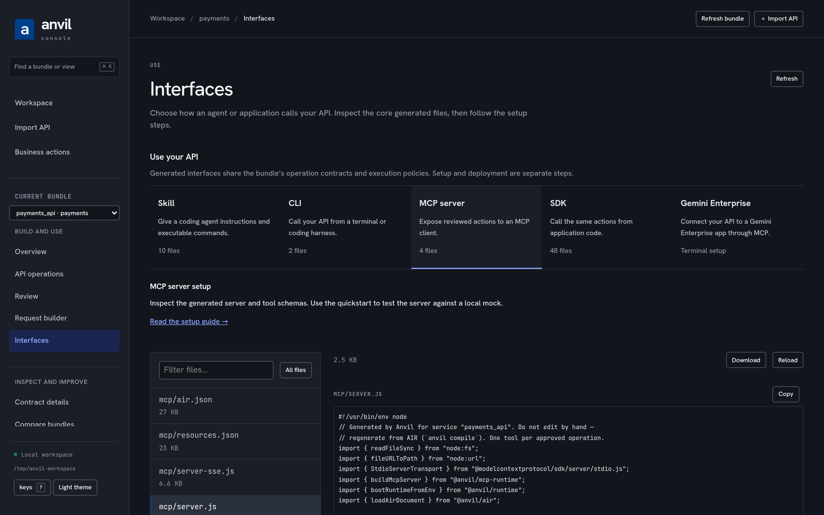 Interfaces: the five interfaces with their file counts, the MCP server selected, and the generated mcp/server.js open in the file browser