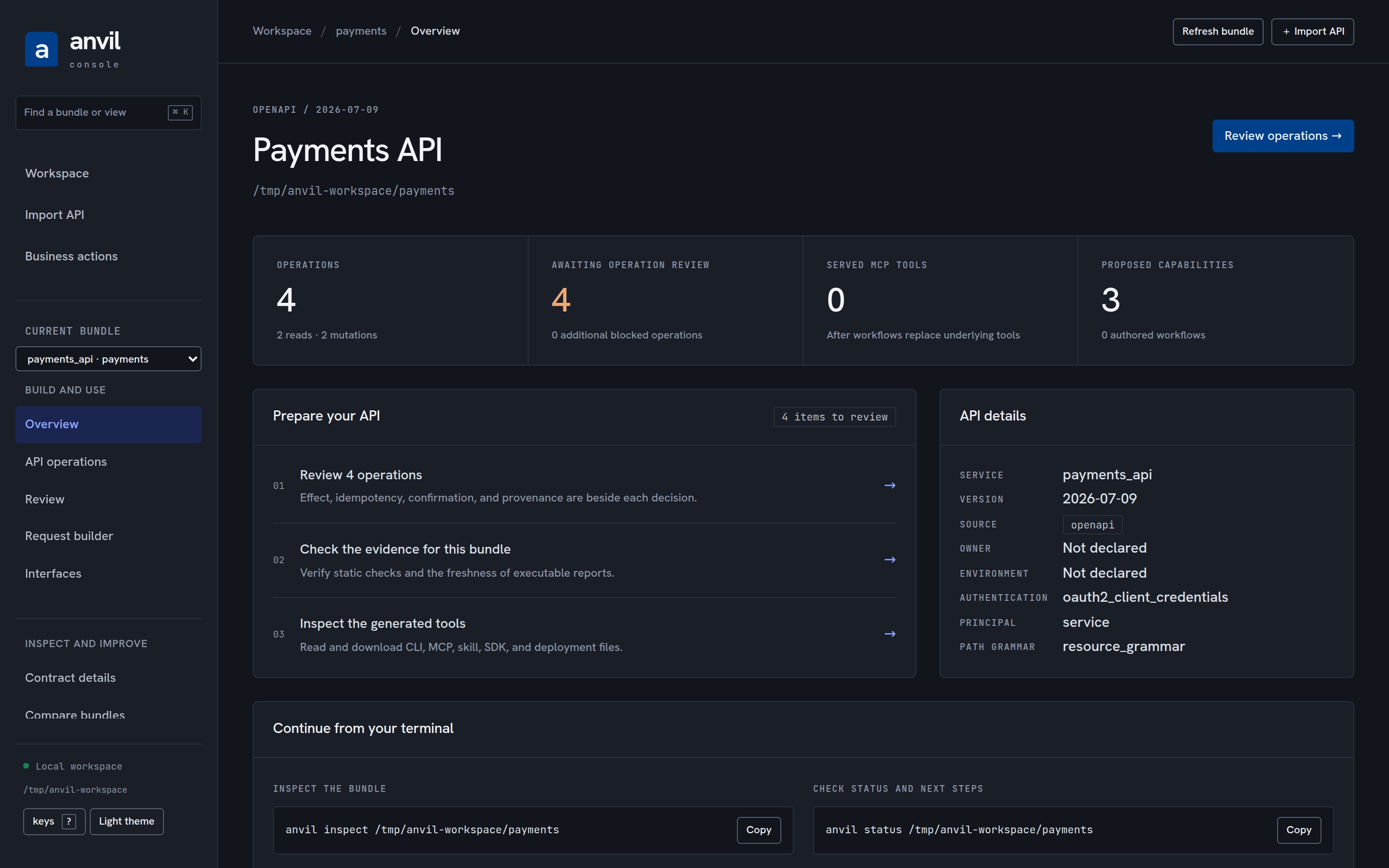Overview of the payments bundle: four operations, four awaiting review, no served MCP tools yet, and the next steps to prepare the API