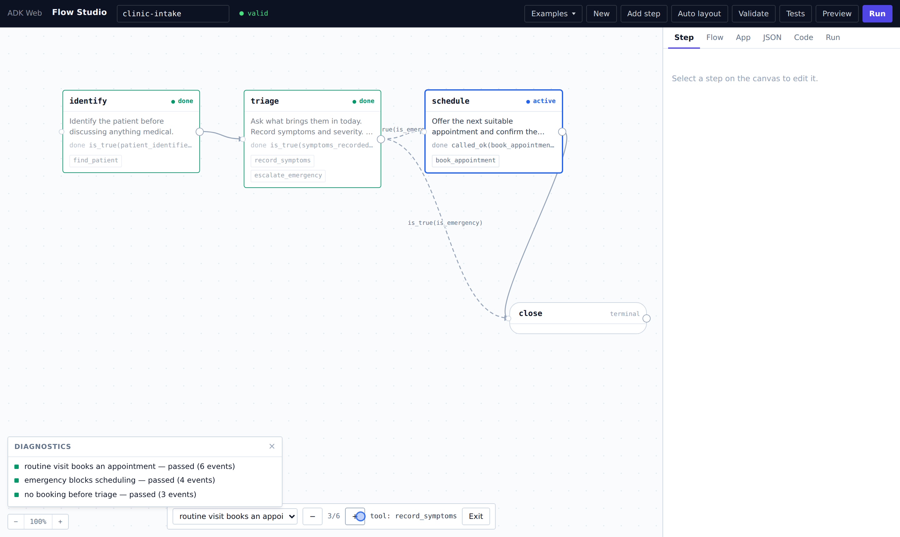 Preview mode scrubbing event 3 of 6: identify and triage marked done, schedule active, the scrubber showing the current tool event