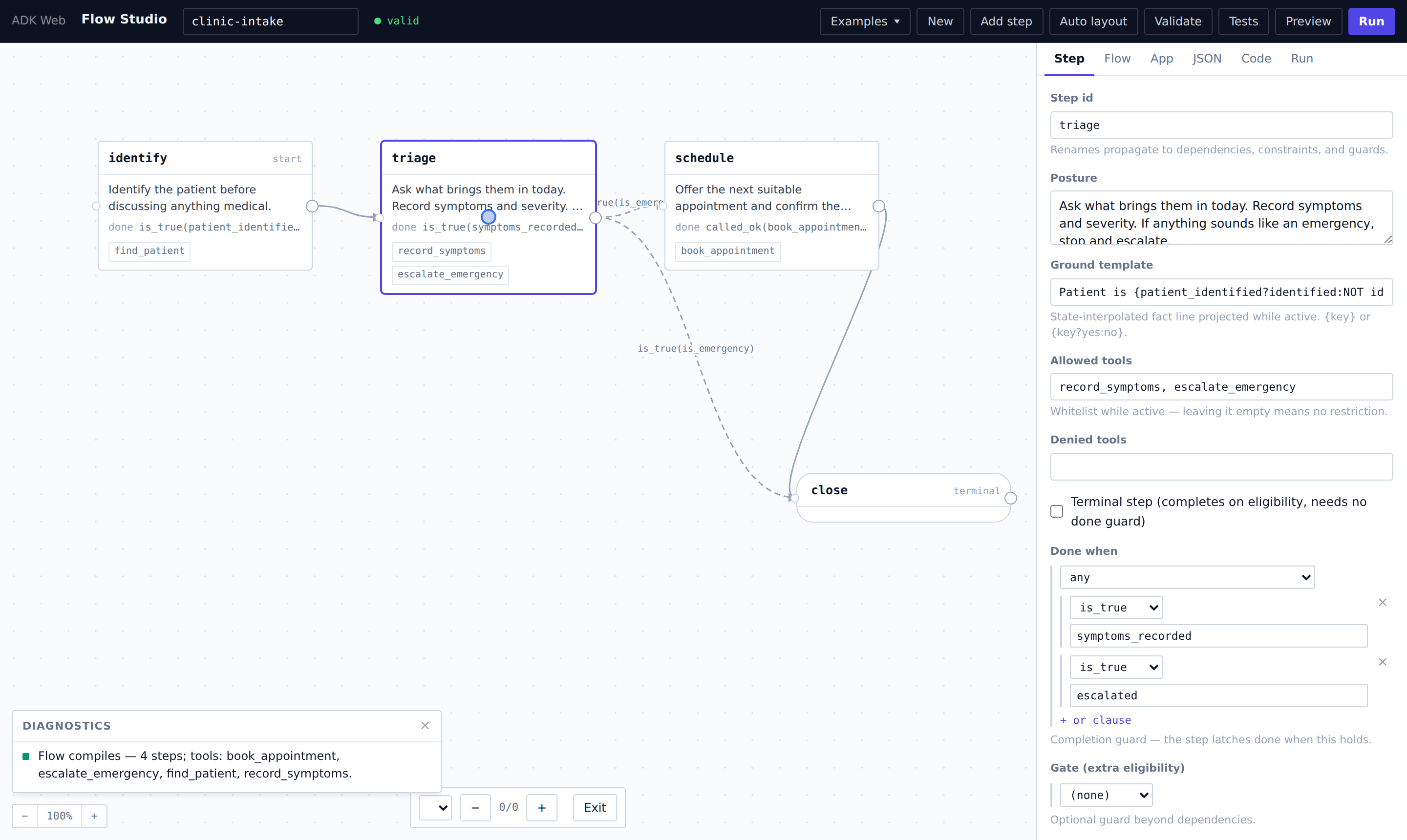 Step editor: posture, ground template, allowed tools, and an any-of completion guard over symptoms_recorded and escalated