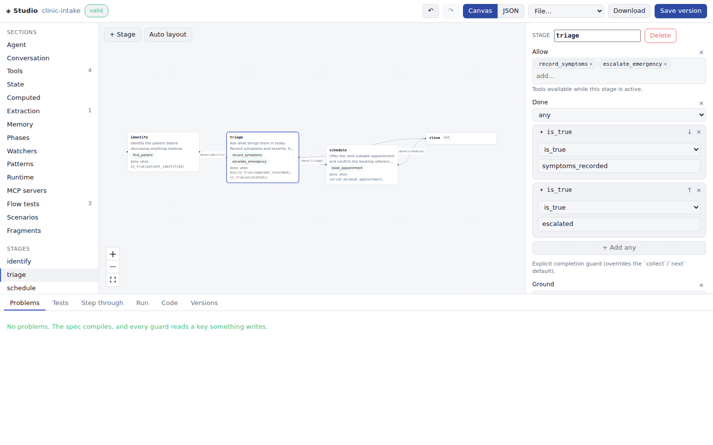 The Studio: sections, the conversation graph, and a stage's inspector with its allowed tools and completion guard